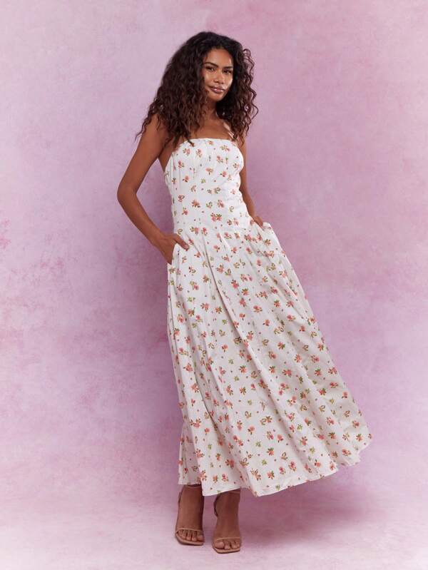 MISSGUIDED Corset Bust Pleated Flowy Floral Print Midi Dress