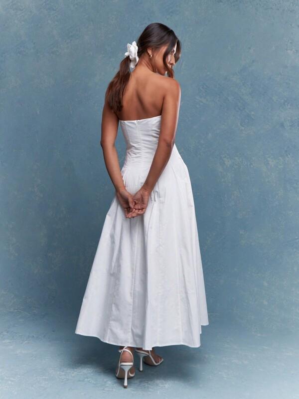 MISSGUIDED Corset Bust Pleated Strapless Bandeau Maxi Dress With Scrunchie Mother Day Outfit Cute Sundress