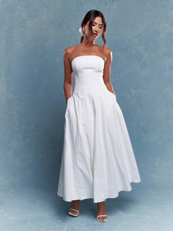 MISSGUIDED Corset Bust Pleated Strapless Bandeau Maxi Dress With Scrunchie Mother Day Outfit Cute Sundress