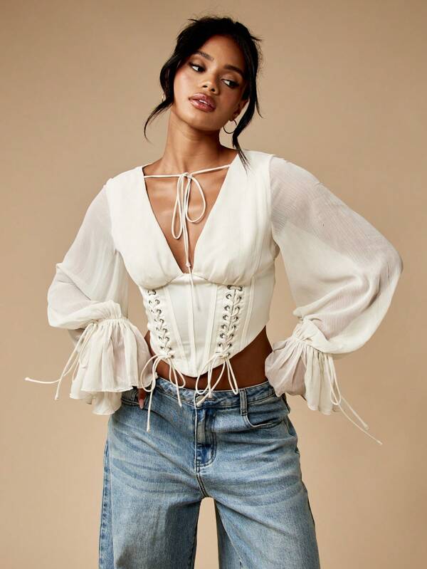 MISSGUIDED Corset Lace Up Top With Puff Sleeves And Ruffles