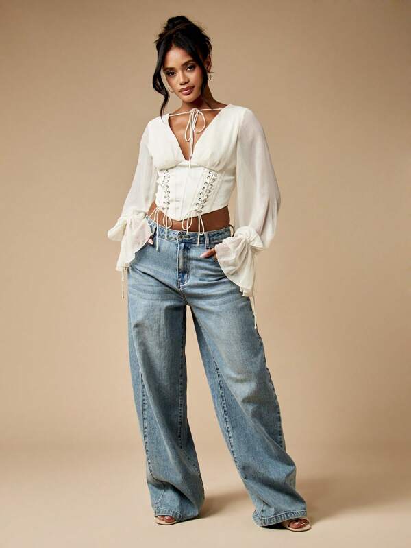 MISSGUIDED Corset Lace Up Top With Puff Sleeves And Ruffles