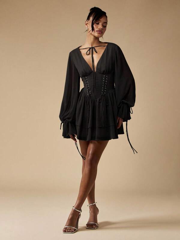 MISSGUIDED Corset Mini Dress With Balloon Sleeves And Lace Detail
