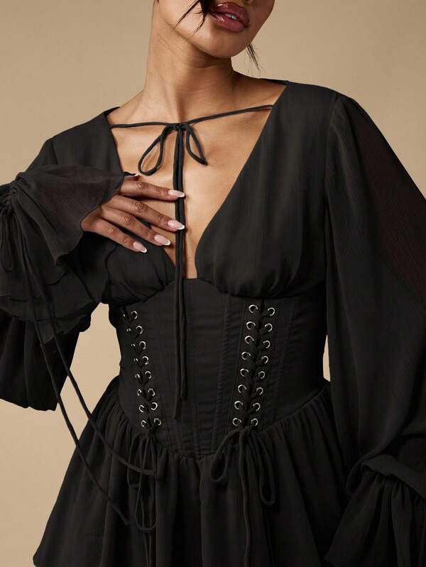 MISSGUIDED Corset Mini Dress With Balloon Sleeves And Lace Detail