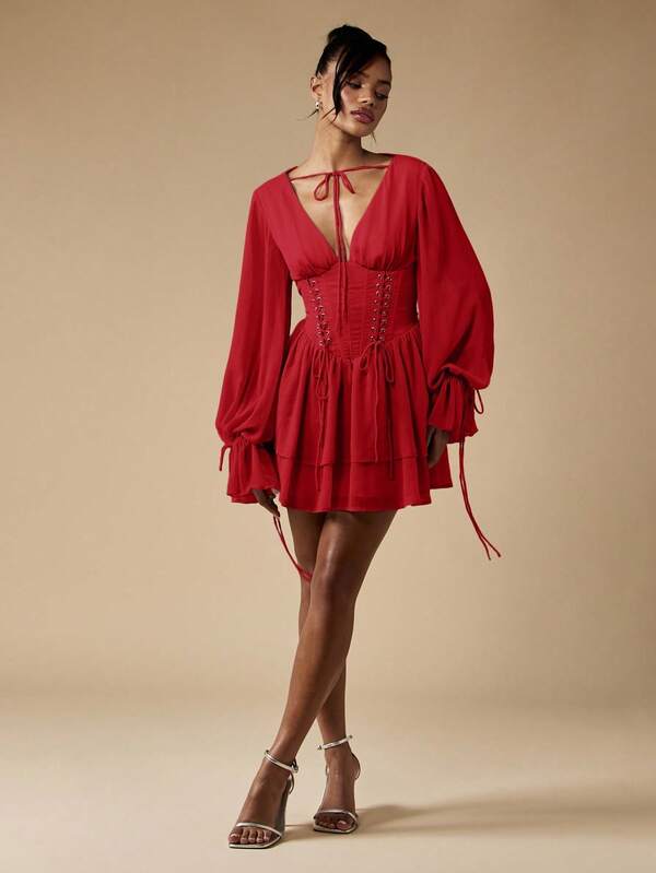 MISSGUIDED Corset Mini Dress With Balloon Sleeves And Lace Up Detail