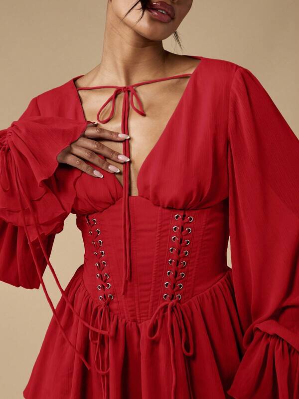 MISSGUIDED Corset Mini Dress With Balloon Sleeves And Lace Up Detail
