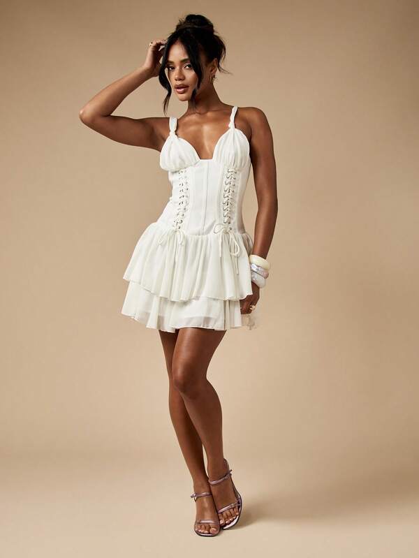 MISSGUIDED Corset Mini Dress With Lace Up Detail And Ruffle Hem