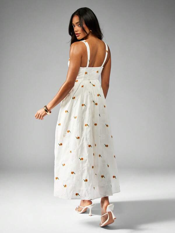 MISSGUIDED Corset Style Long Dresses With Embroidered Daisy Print Side Split
