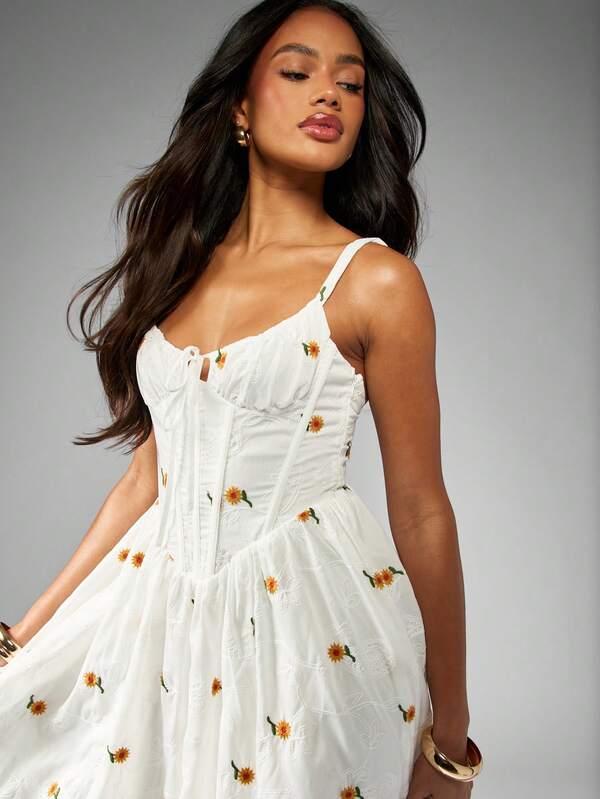 MISSGUIDED Corset Style Long Dresses With Embroidered Daisy Print Side Split