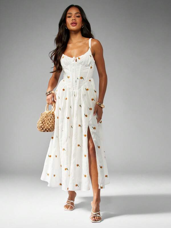 MISSGUIDED Corset Style Long Dresses With Embroidered Daisy Print Side Split