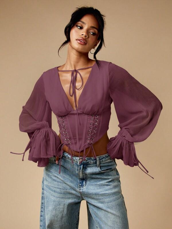 MISSGUIDED Corset Top With Balloon Sleeve Chiffon Blouse