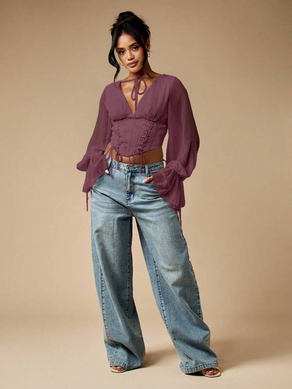 MISSGUIDED Corset Top With Balloon Sleeve Chiffon Blouse