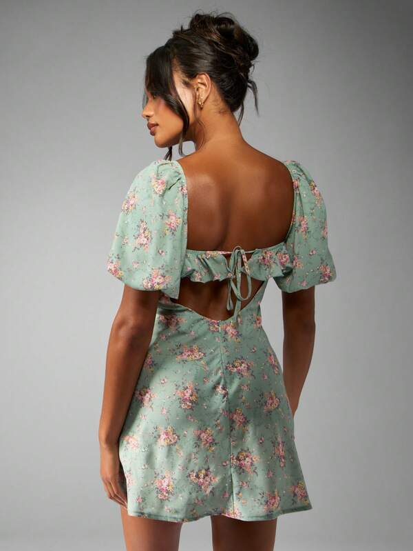 MISSGUIDED Cottage Core Floral Mini Dress With Puff Sleeves Ruffle Trim