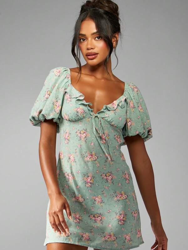 MISSGUIDED Cottage Core Floral Mini Dress With Puff Sleeves Ruffle Trim