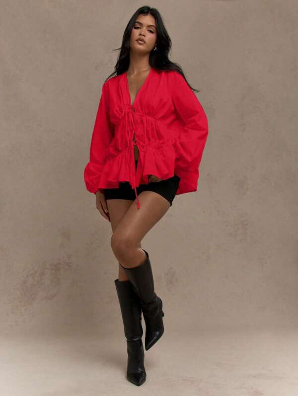 MISSGUIDED Cotton Tie Front Ruched Puff Sleeve Blouse