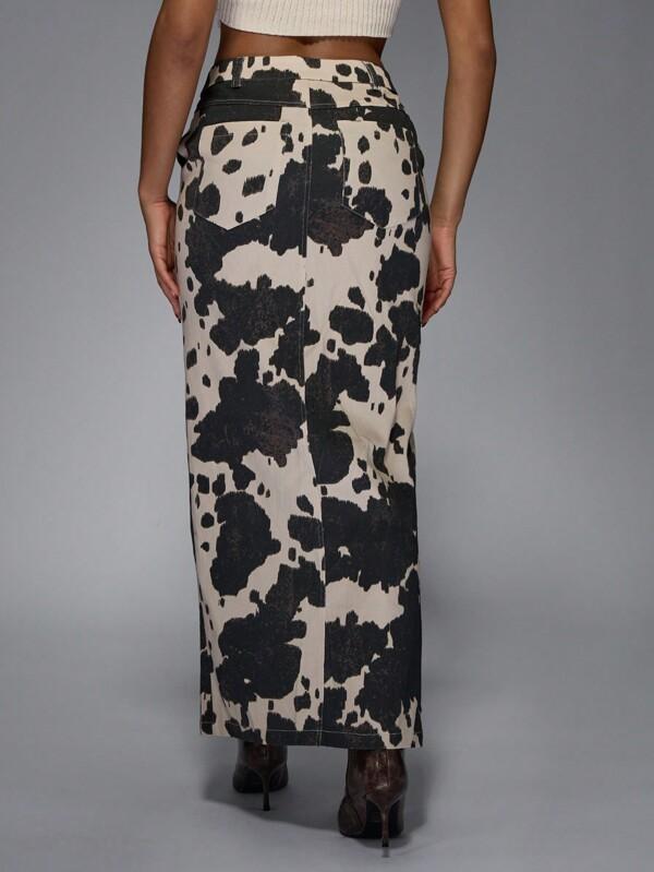 MISSGUIDED Cow Print Maxi Skirt With Front Slit