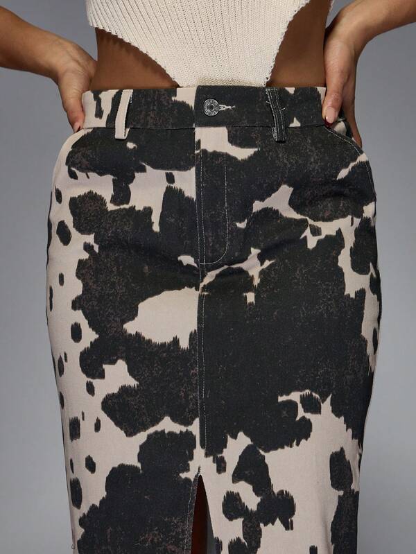 MISSGUIDED Cow Print Maxi Skirt With Front Slit