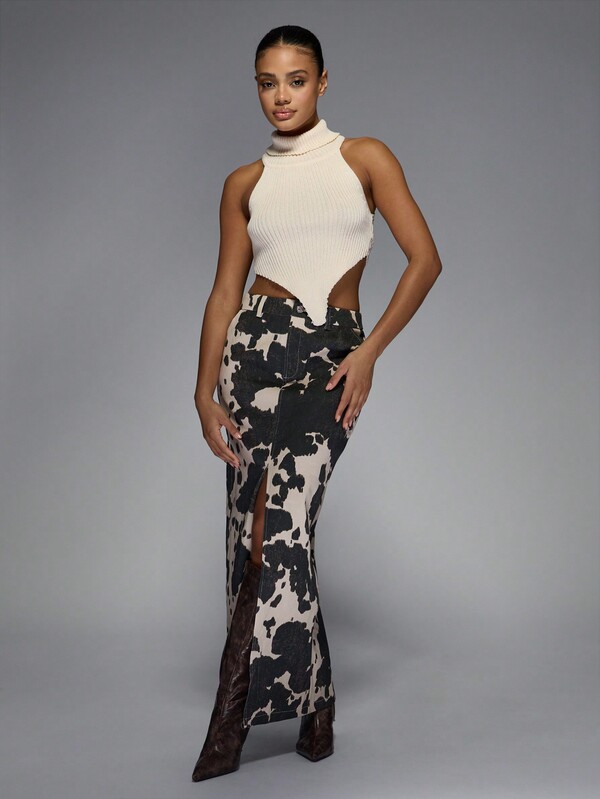 MISSGUIDED Cow Print Maxi Skirt With Front Slit