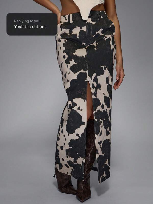 MISSGUIDED Cow Print Maxi Skirt With Front Slit