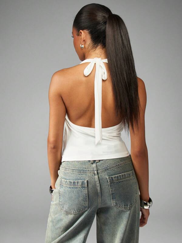 MISSGUIDED Cowl Neck Halter Crop Top With Tie Back