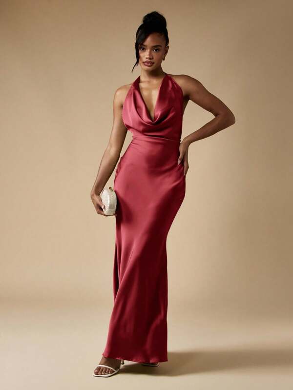 MISSGUIDED Cowl Neck Halter Maxi Dress With Open Back