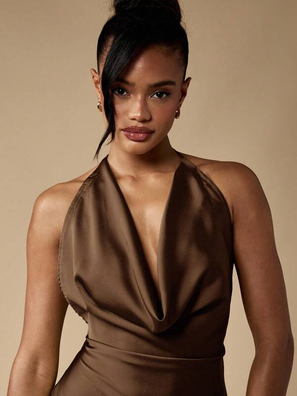 MISSGUIDED Cowl Neck Halter Maxi Dress With Tie Back