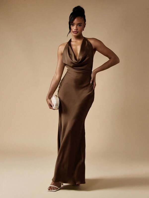 MISSGUIDED Cowl Neck Halter Maxi Dress With Tie Back