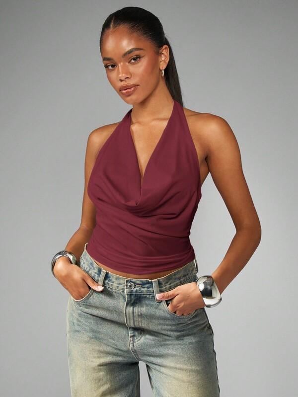 MISSGUIDED Cowl Neck Halter Top With Ruched Side Design