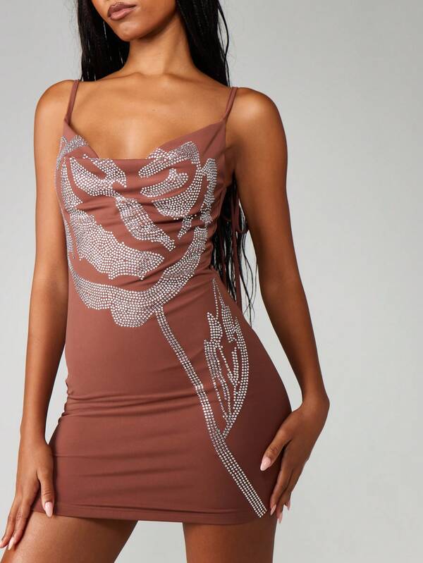 MISSGUIDED Cowl Neck Rose Print Mini Dress
