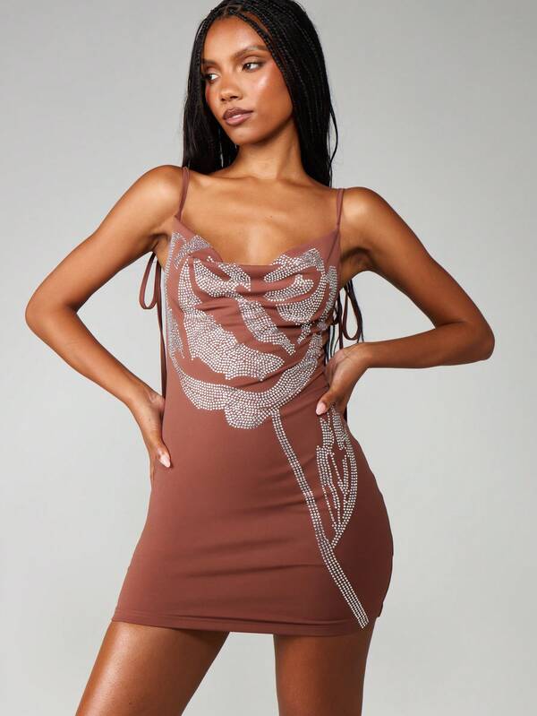MISSGUIDED Cowl Neck Rose Print Mini Dress