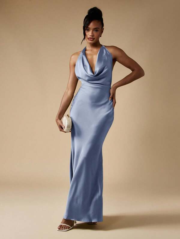 MISSGUIDED Cowl Neck Satin Maxi Dress With Draped Back
