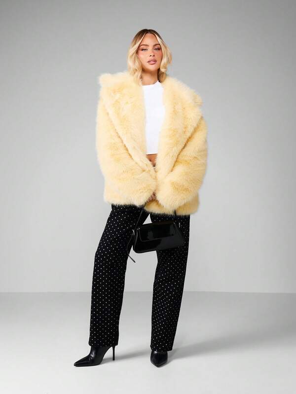 MISSGUIDED Cream Faux Fur Open Front Coat