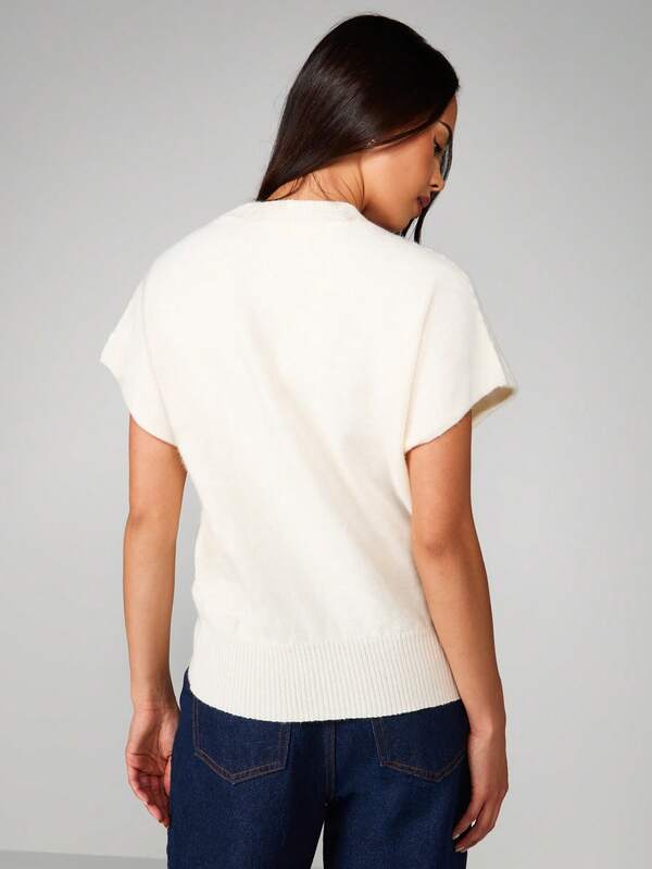 MISSGUIDED Cream Short Sleeve Knitted Sweater