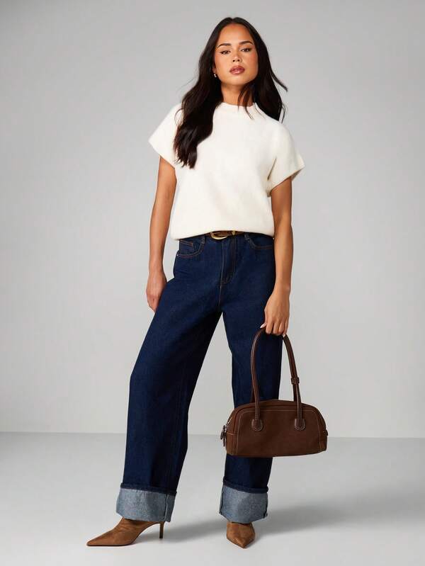 MISSGUIDED Cream Short Sleeve Knitted Sweater