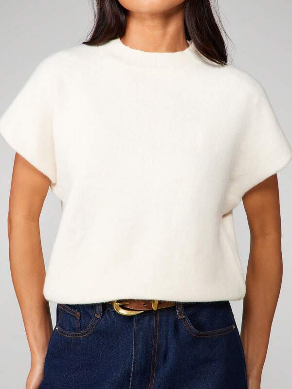 MISSGUIDED Cream Short Sleeve Knitted Sweater