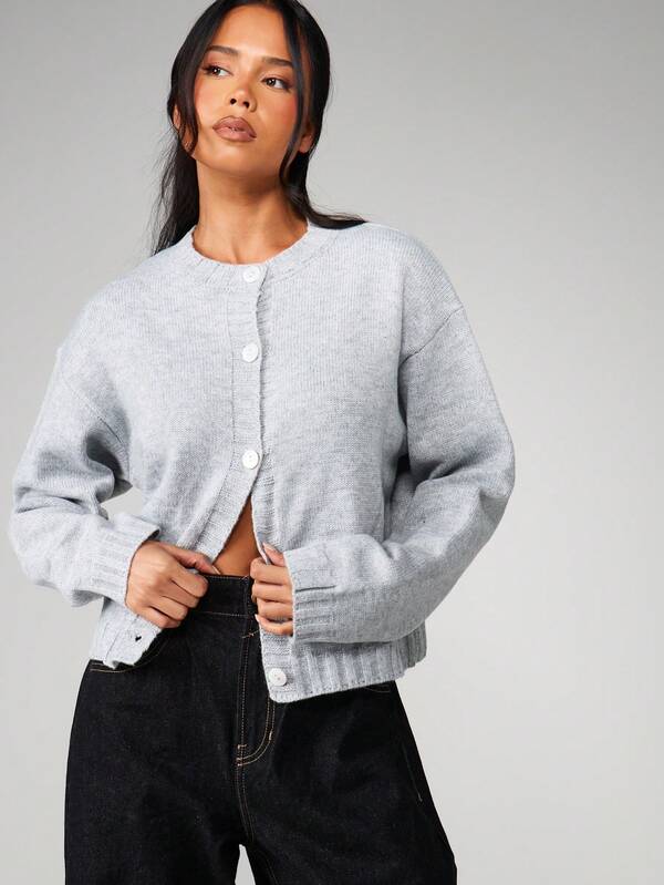 MISSGUIDED Crew Neck Button Front Cardigan