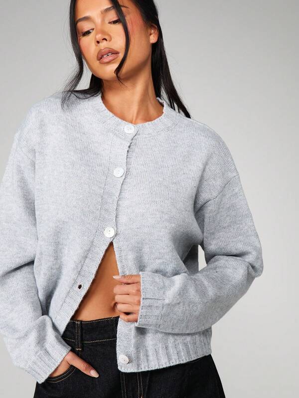 MISSGUIDED Crew Neck Button Front Cardigan