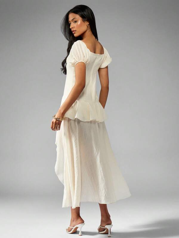 MISSGUIDED Crinkle Chiffon Mid-Axi Dress With Fitted Waist And Puff Sleeves Cute Sundress
