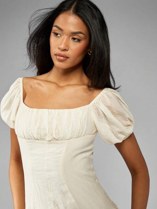 MISSGUIDED Crinkle Chiffon Mid-Axi Dress With Fitted Waist And Puff Sleeves Cute Sundress