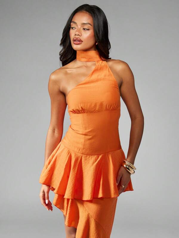 MISSGUIDED Crinkle Chiffon Midi Dress With Asymmetric Ruffle Hem And Neck Drape