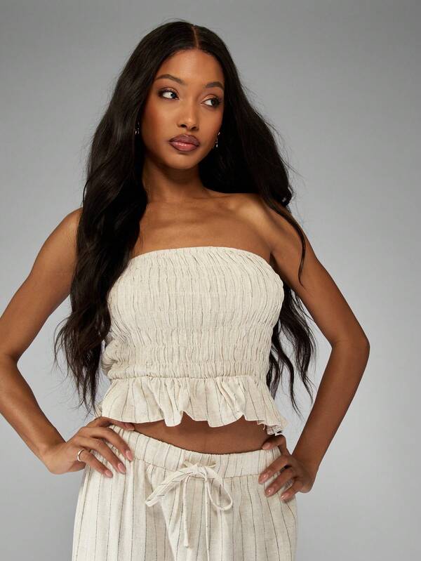 MISSGUIDED Crinkle Textured Bandeau Crop Top And Pants Two Piece Set