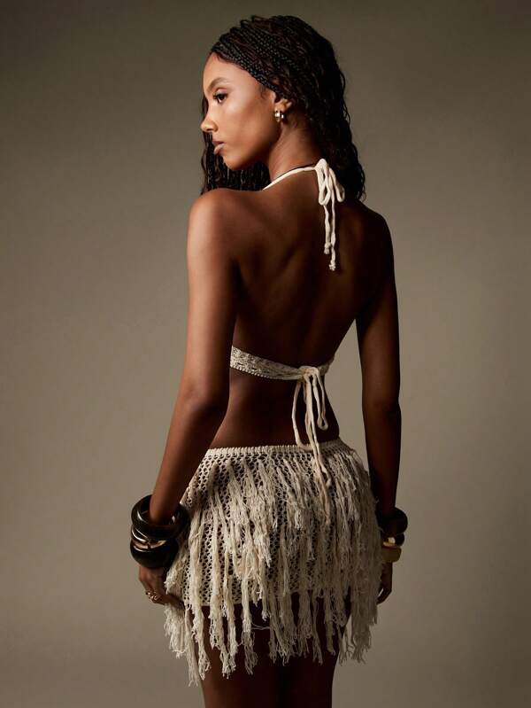MISSGUIDED Crochet Fringe Halter Crop Top Mini Skirt Outfit Set