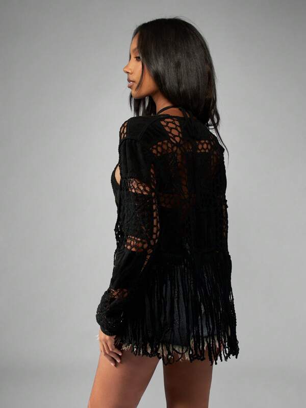 MISSGUIDED Crochet Fringe Kimono With Mesh Lace Pattern
