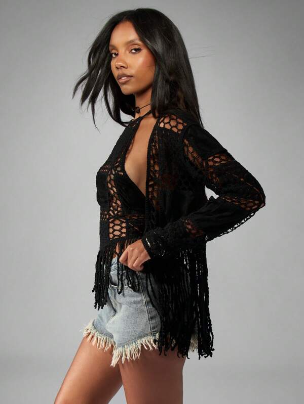 MISSGUIDED Crochet Fringe Kimono With Mesh Lace Pattern
