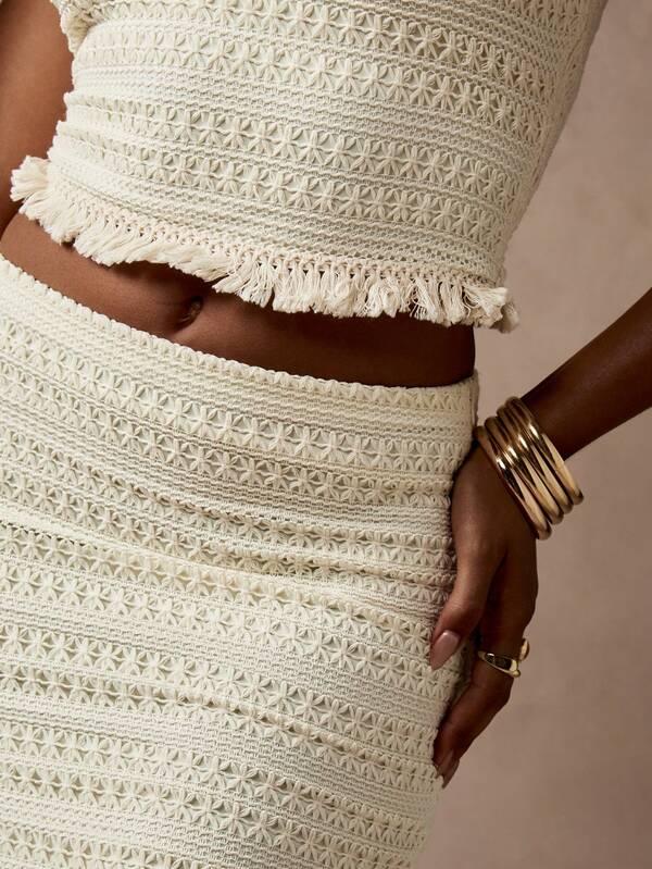 MISSGUIDED Crochet Knit Crop Top High Waist Maxi Skirt Two-Piece Outfit