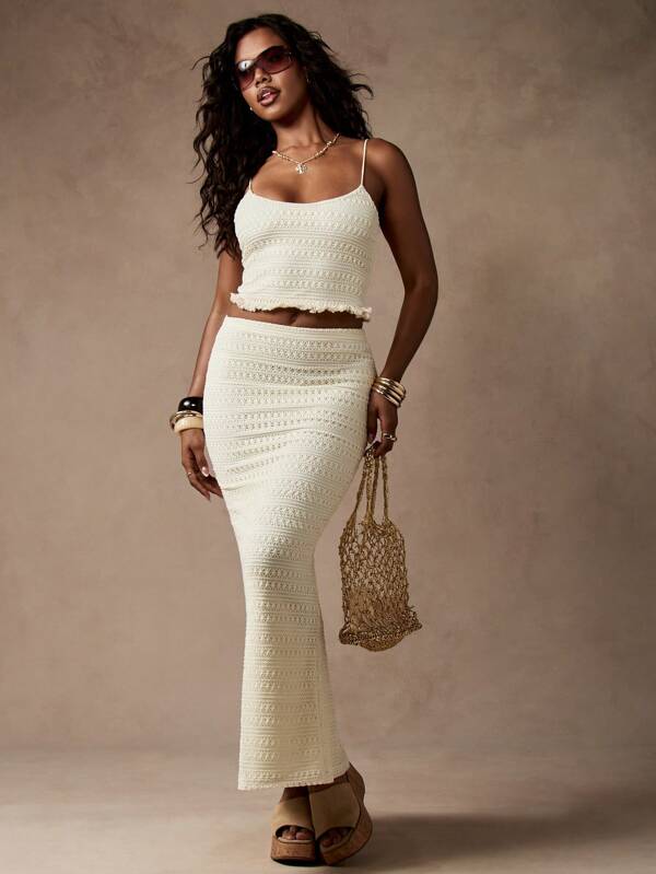 MISSGUIDED Crochet Knit Crop Top High Waist Maxi Skirt Two-Piece Outfit