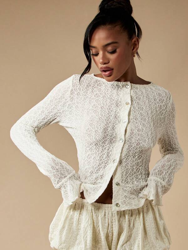 MISSGUIDED Crochet Lace Long Sleeve Peplum Button Up Cardigan