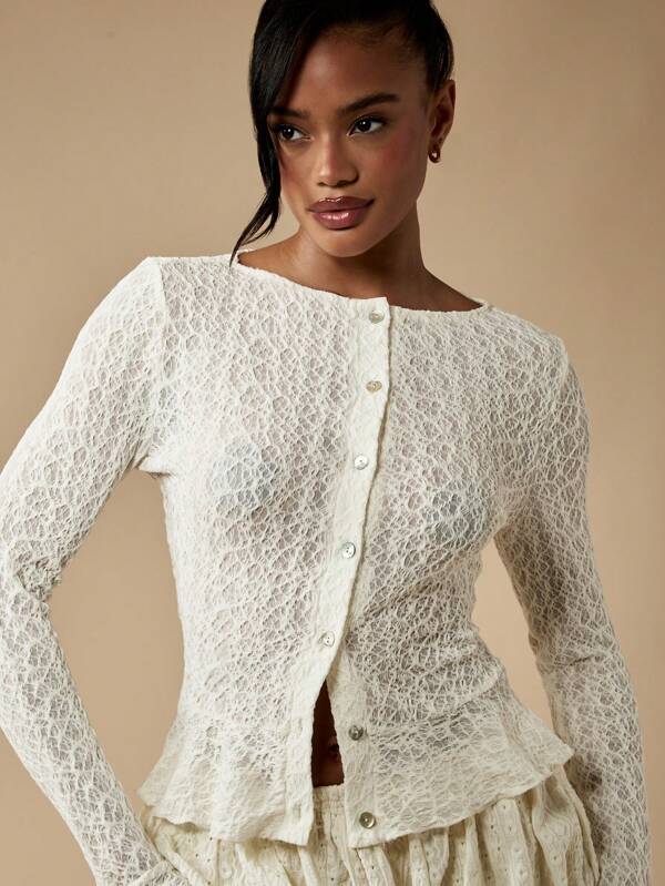 MISSGUIDED Crochet Lace Long Sleeve Peplum Button Up Cardigan