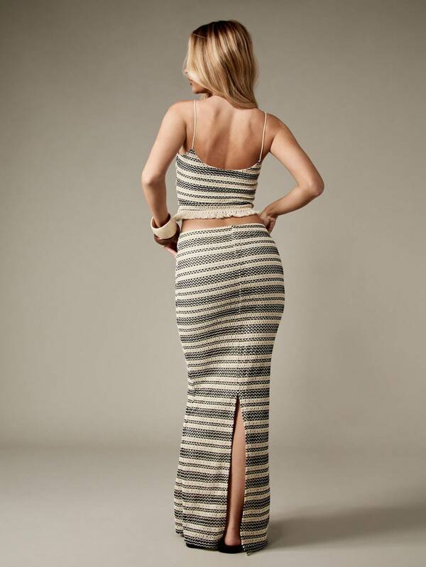MISSGUIDED Crochet Stripe Crop Top And Maxi Skirt With Fringe