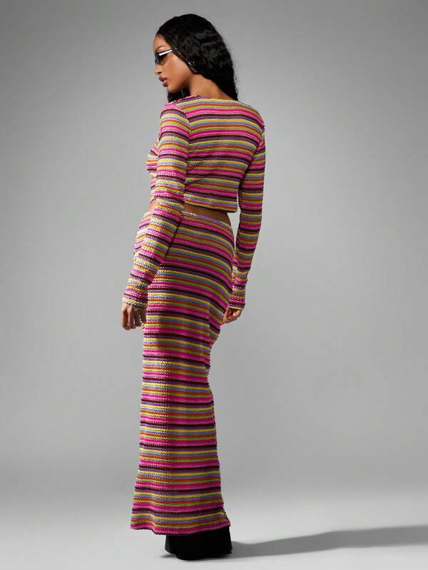 MISSGUIDED Crochet Striped Knit Long Sleeve Crop Top Skirt Two-Piece Outfit