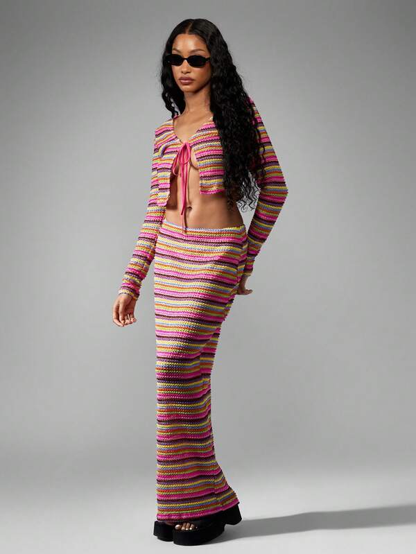 MISSGUIDED Crochet Striped Knit Long Sleeve Crop Top Skirt Two-Piece Outfit